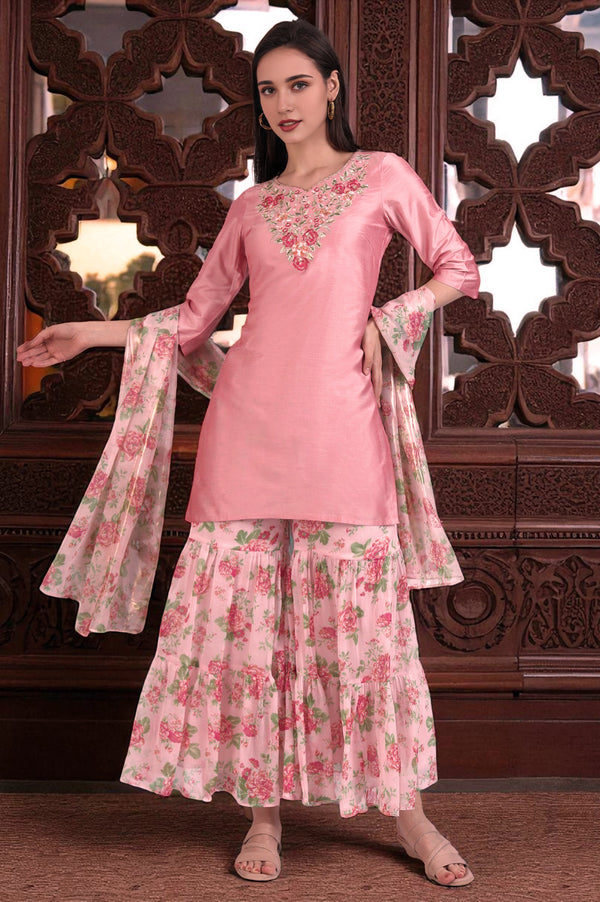 Pink Solid Embroidered Short Kurti and Sharara Set with Dupatta