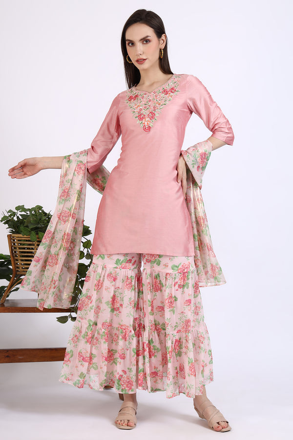 Pink Solid Embroidered Short Kurti and Sharara Set with Dupatta