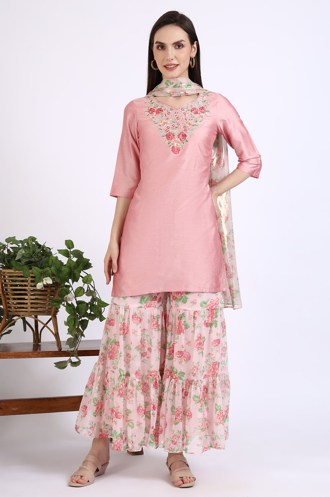 Pink Solid Embroidered Short Kurti and Sharara Set with Dupatta