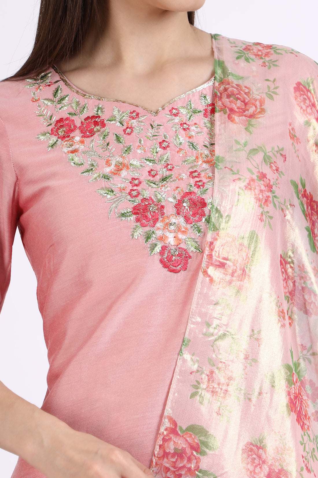 Pink Solid Embroidered Short Kurti and Sharara Set with Dupatta