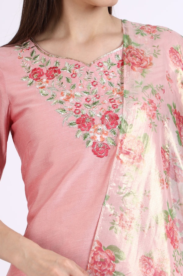 Pink Solid Embroidered Short Kurti and Sharara Set with Dupatta