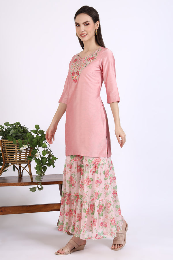 Pink Solid Embroidered Short Kurti and Sharara Set with Dupatta