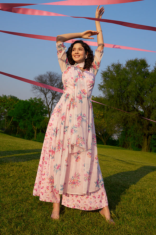 Purple Floral Printed Sheer Nyra Cut Kurta, Flared Palazzo and Stole Set