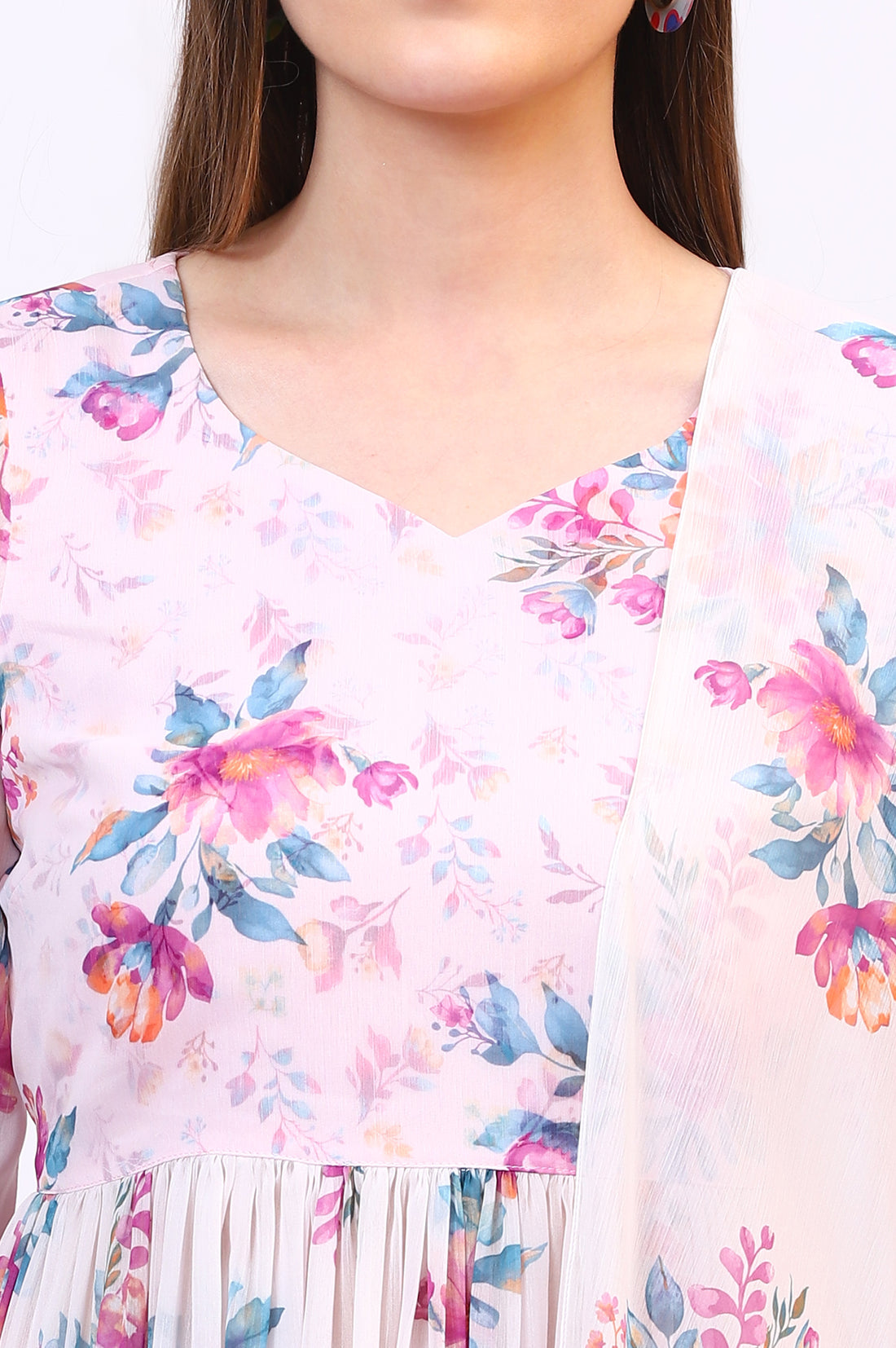 Purple Floral Printed Sheer Nyra Cut Kurta, Flared Palazzo and Stole Set