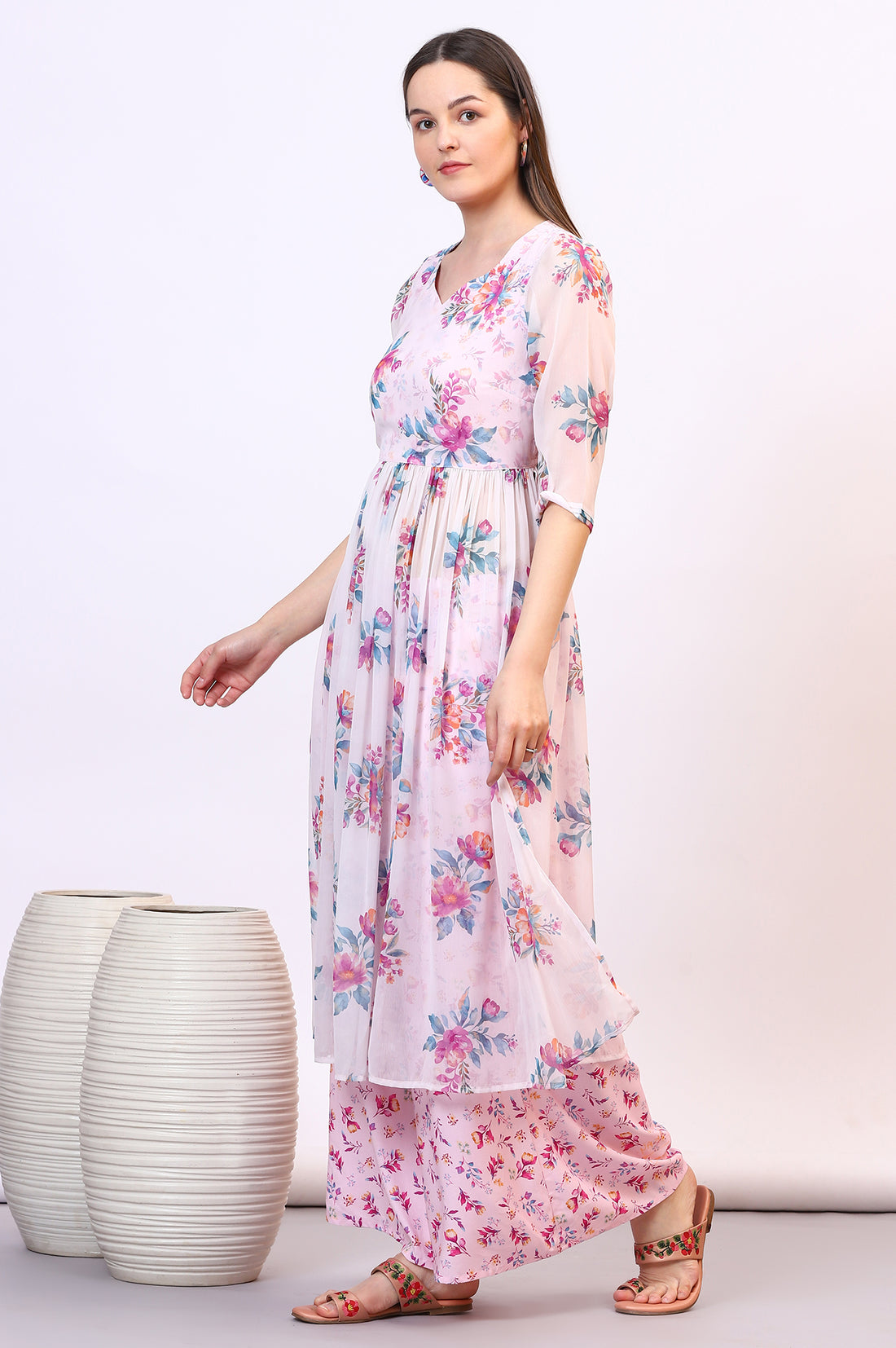 Purple Floral Printed Sheer Nyra Cut Kurta, Flared Palazzo and Stole Set