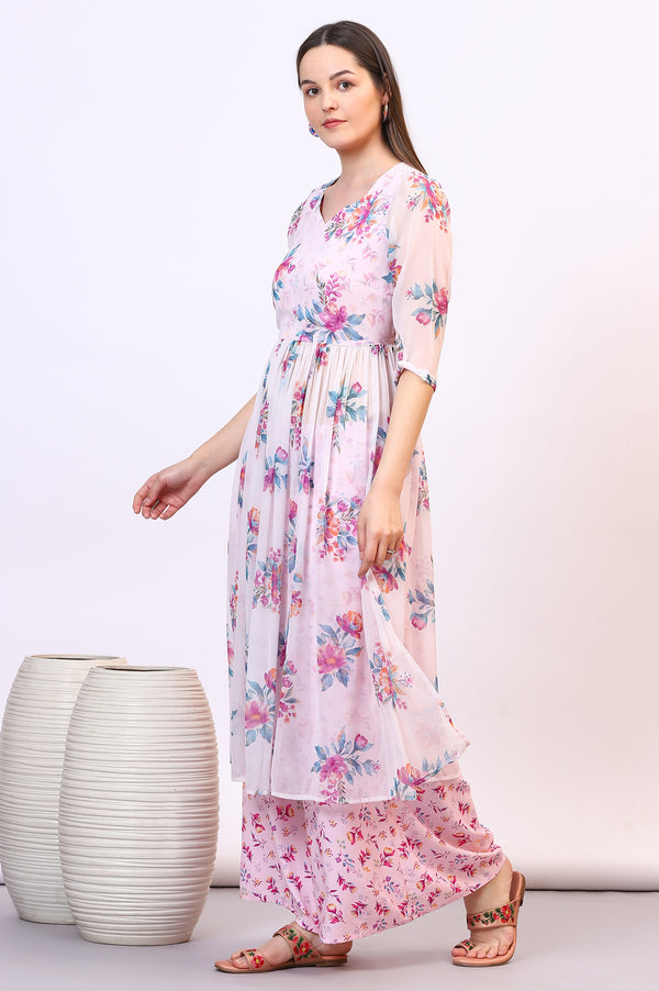 Purple Floral Printed Sheer Nyra Cut Kurta, Flared Palazzo and Stole Set