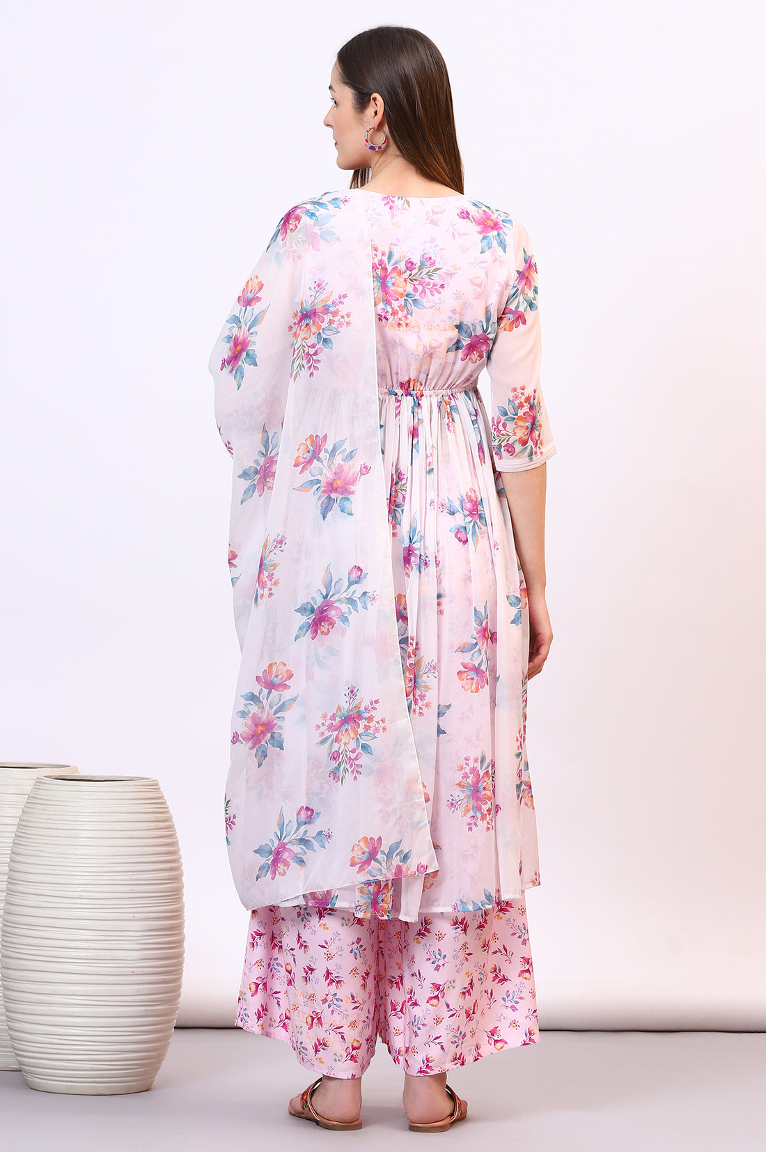 Purple Floral Printed Sheer Nyra Cut Kurta, Flared Palazzo and Stole Set