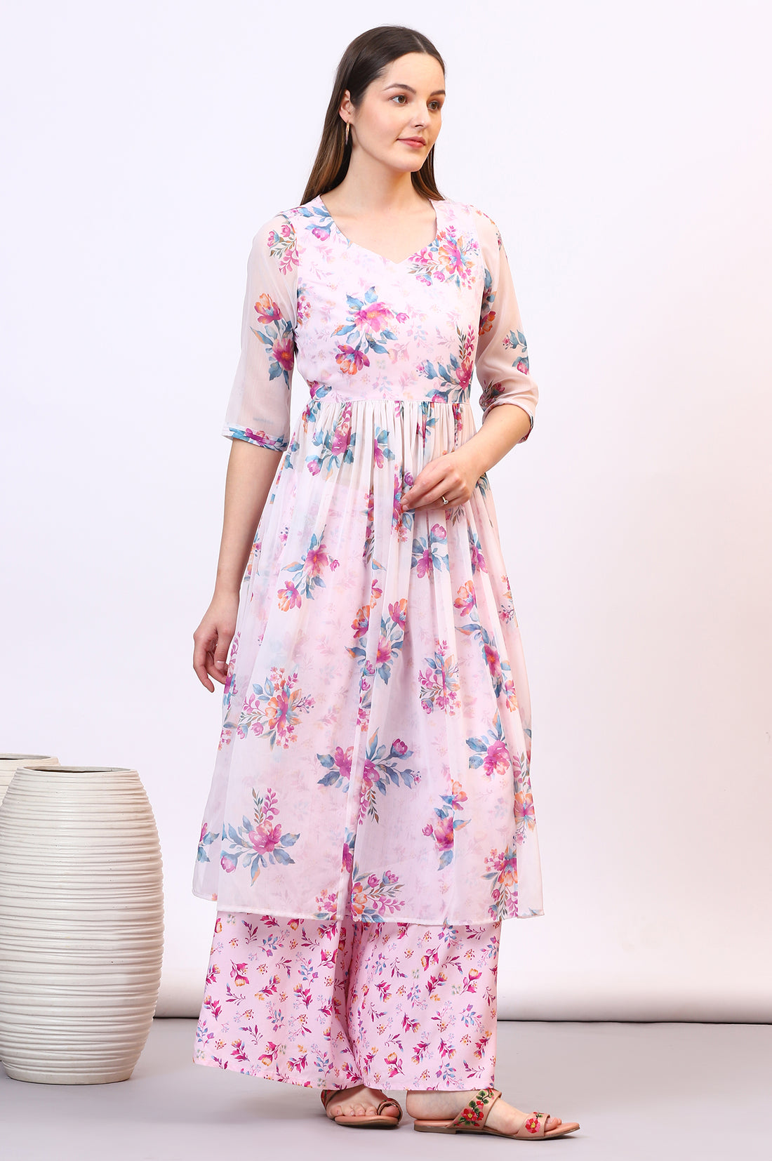 Purple Floral Printed Sheer Nyra Cut Kurta, Flared Palazzo and Stole Set