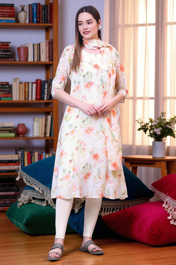 Yellow Digital Floral Printed Sheer A-line Kurta and Leggings Set with Dupatta