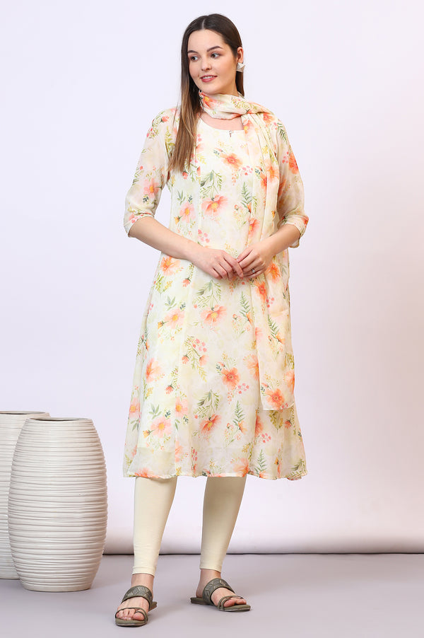 Yellow Digital Floral Printed Sheer A-line Kurta and Leggings Set with Dupatta