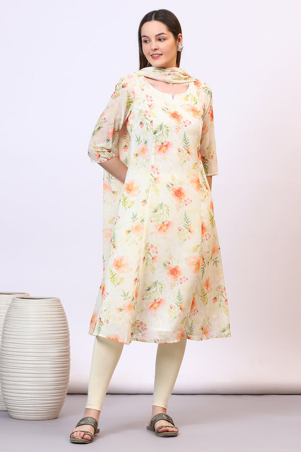 Yellow Digital Floral Printed Sheer A-line Kurta and Leggings Set with Dupatta