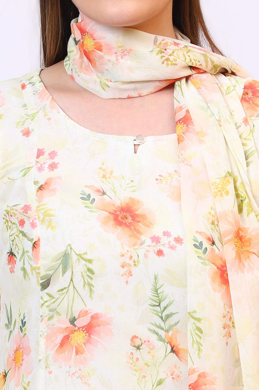 Yellow Digital Floral Printed Sheer A-line Kurta and Leggings Set with Dupatta