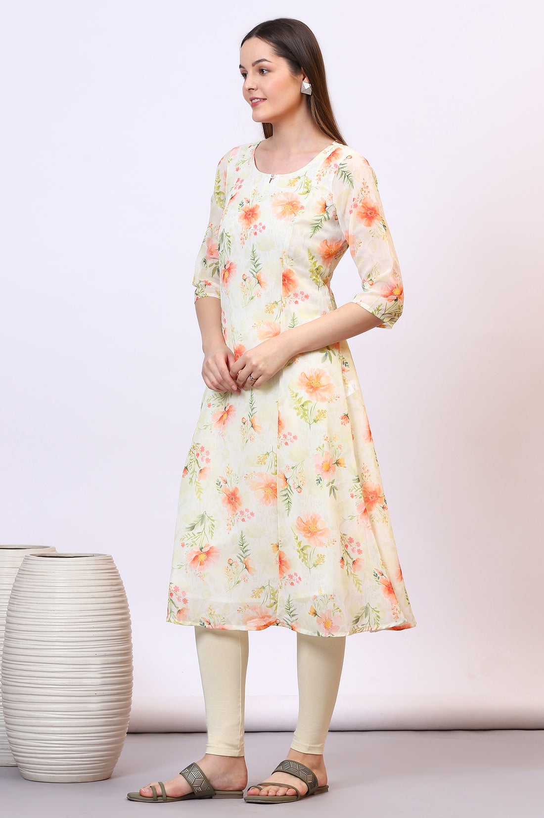 Yellow Digital Floral Printed Sheer A-line Kurta and Leggings Set with Dupatta