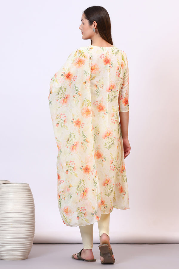 Yellow Digital Floral Printed Sheer A-line Kurta and Leggings Set with Dupatta
