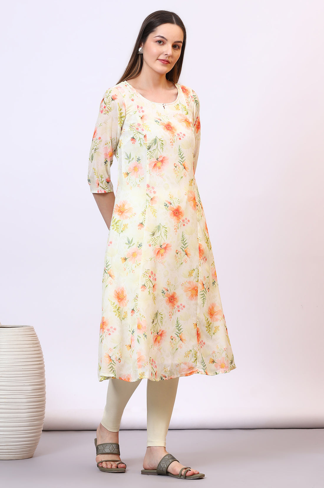 Yellow Digital Floral Printed Sheer A-line Kurta and Leggings Set with Dupatta