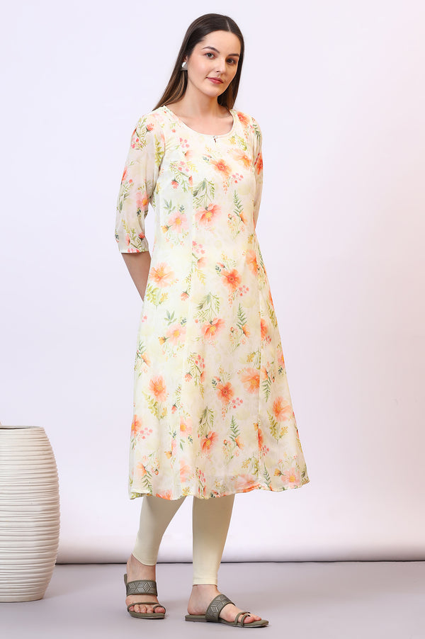 Yellow Digital Floral Printed Sheer A-line Kurta and Leggings Set with Dupatta