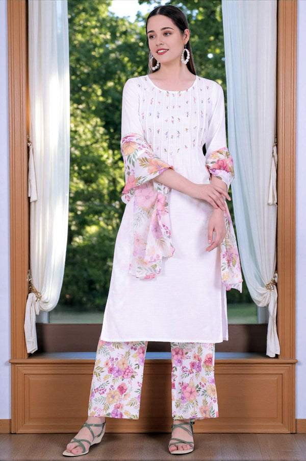 White Embroidered Straight Kurta with Palazzo & Stole Set