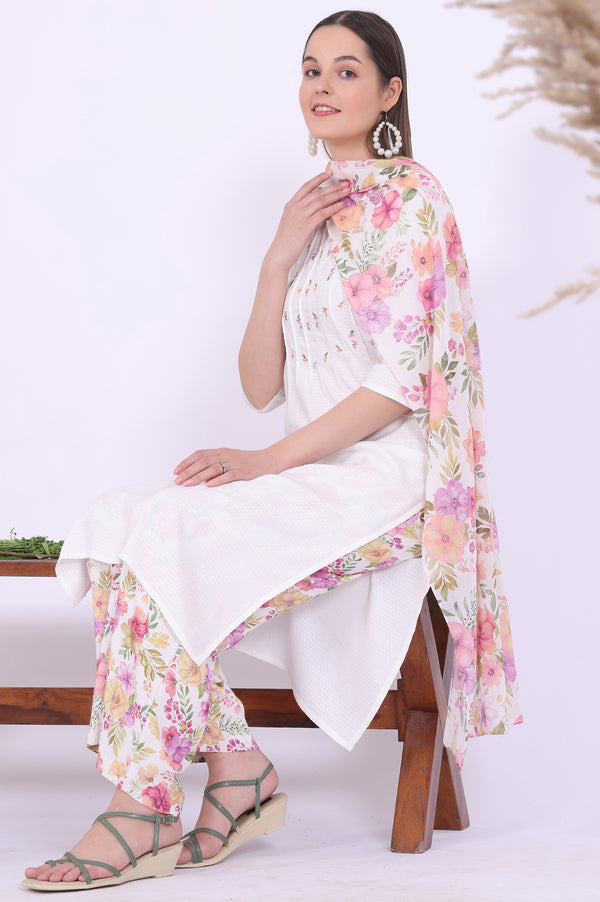 White Embroidered Straight Kurta with Palazzo & Stole Set
