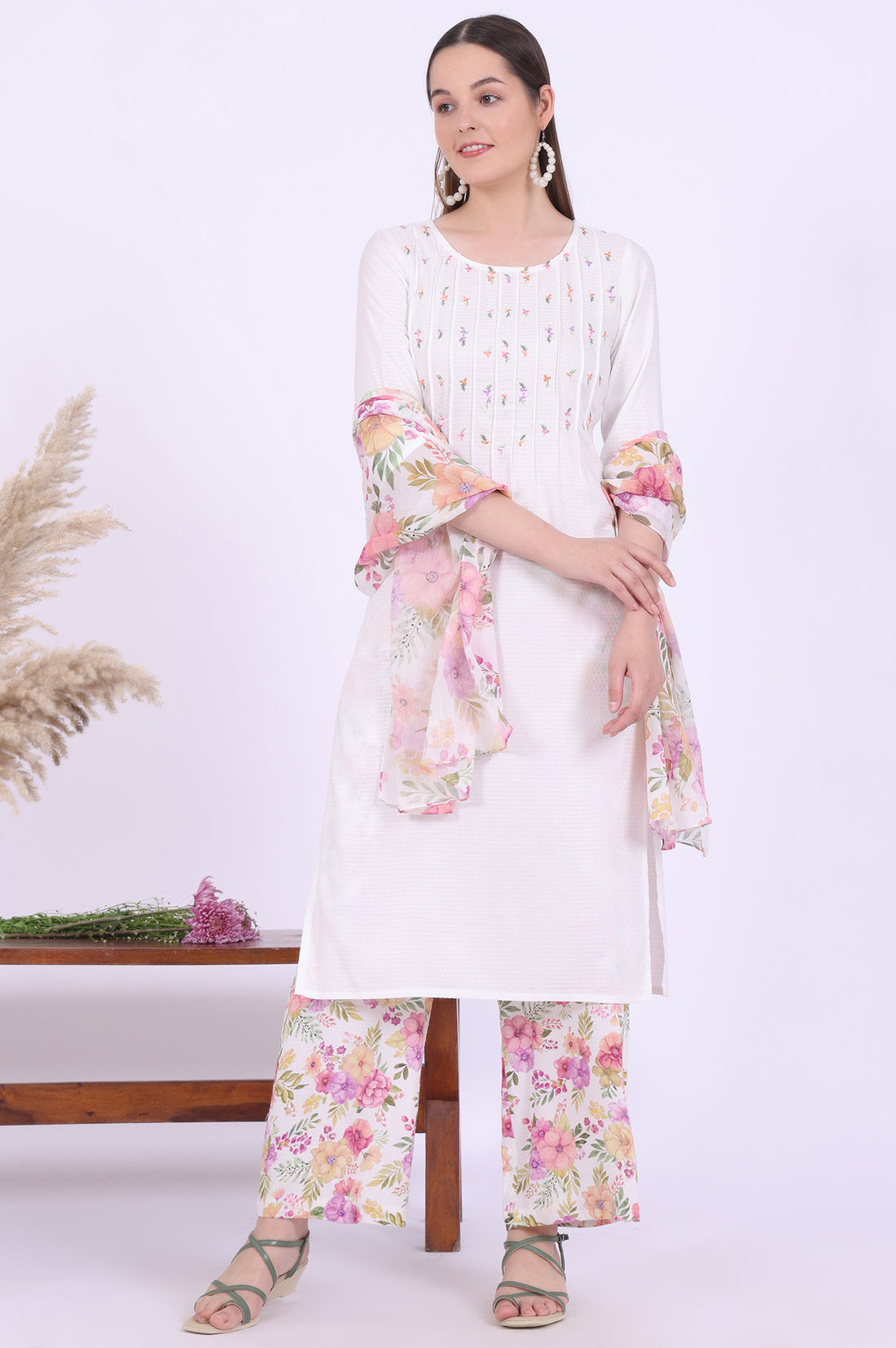 White Embroidered Straight Kurta with Palazzo &amp; Stole Set