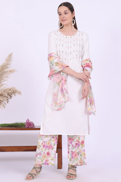 White Embroidered Straight Kurta with Palazzo & Stole Set