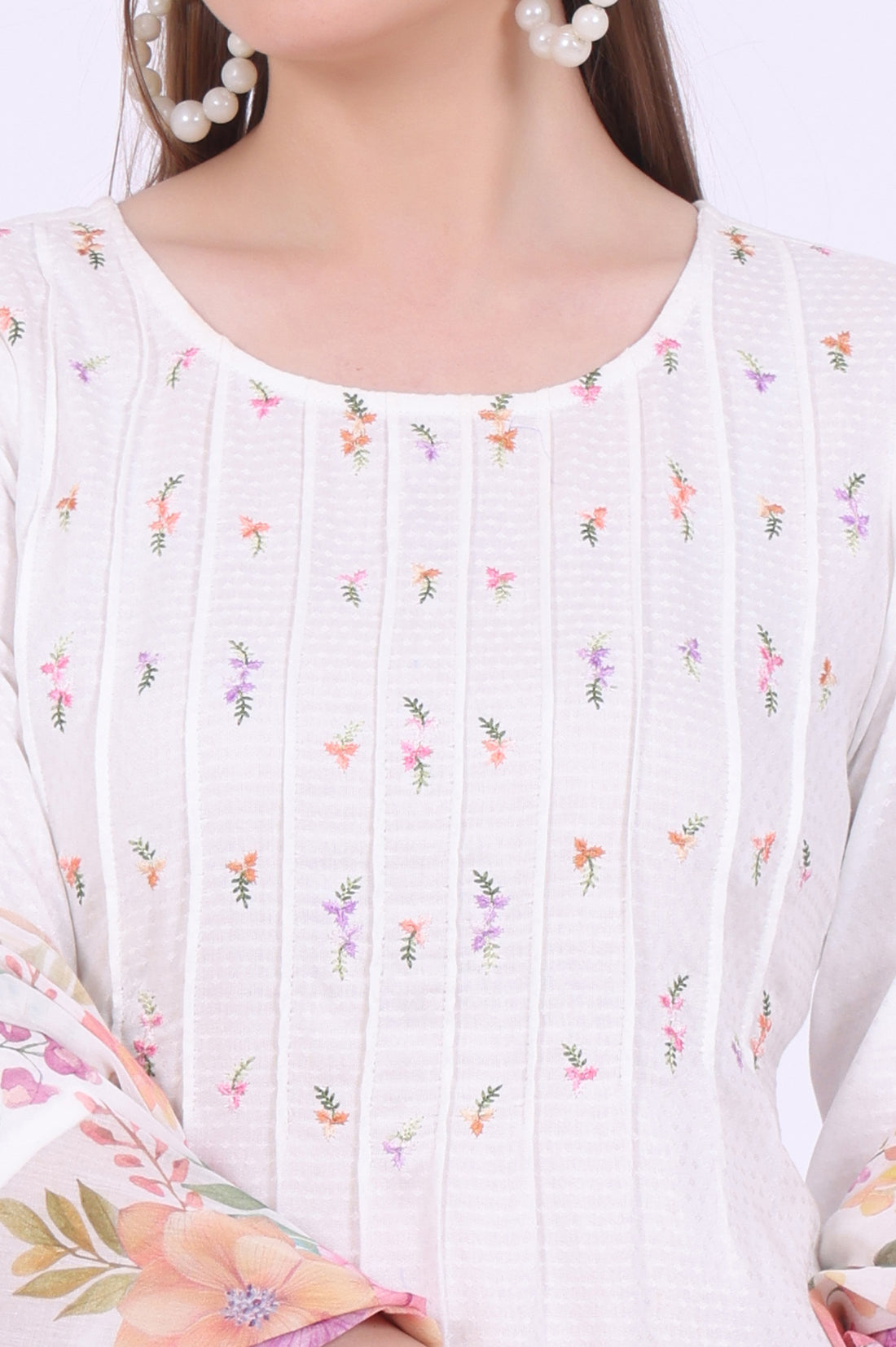 White Embroidered Straight Kurta with Palazzo &amp; Stole Set