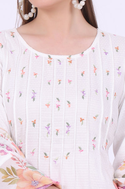 White Embroidered Straight Kurta with Palazzo & Stole Set
