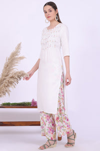 White Embroidered Straight Kurta with Palazzo &amp; Stole Set