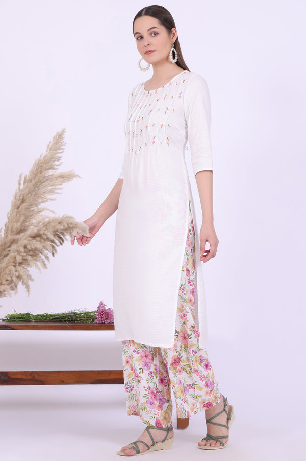 White Embroidered Straight Kurta with Palazzo & Stole Set