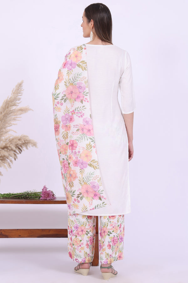White Embroidered Straight Kurta with Palazzo & Stole Set