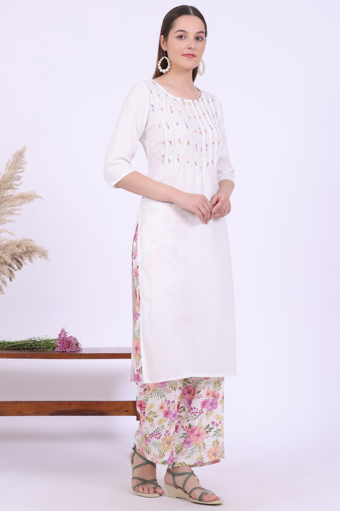 White Embroidered Straight Kurta with Palazzo &amp; Stole Set