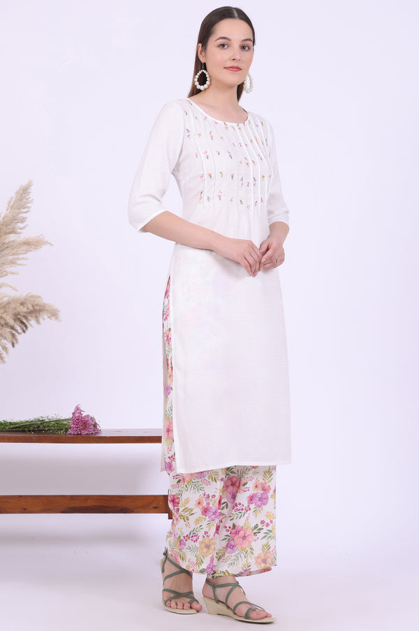 White Embroidered Straight Kurta with Palazzo & Stole Set