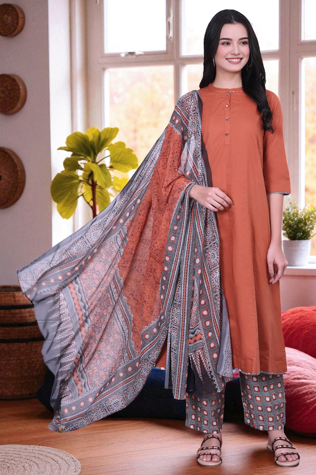 Solid Sequins Pure Cotton Anarkali Kurta &amp; Palazzos with Dupatta Set
