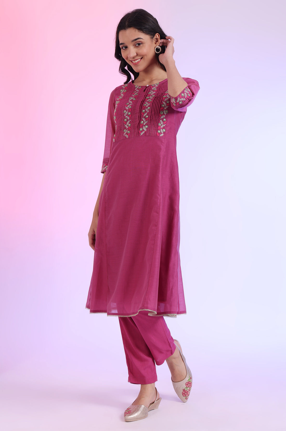 Solid Sequins Pure Cotton Anarkali Kurta &amp; Palazzos with Dupatta Set