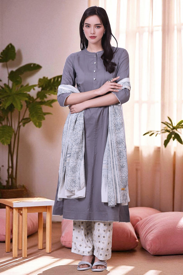Grey Sequined Pure Cotton Anarkali Kurta, Palazzo and Dupatta Set