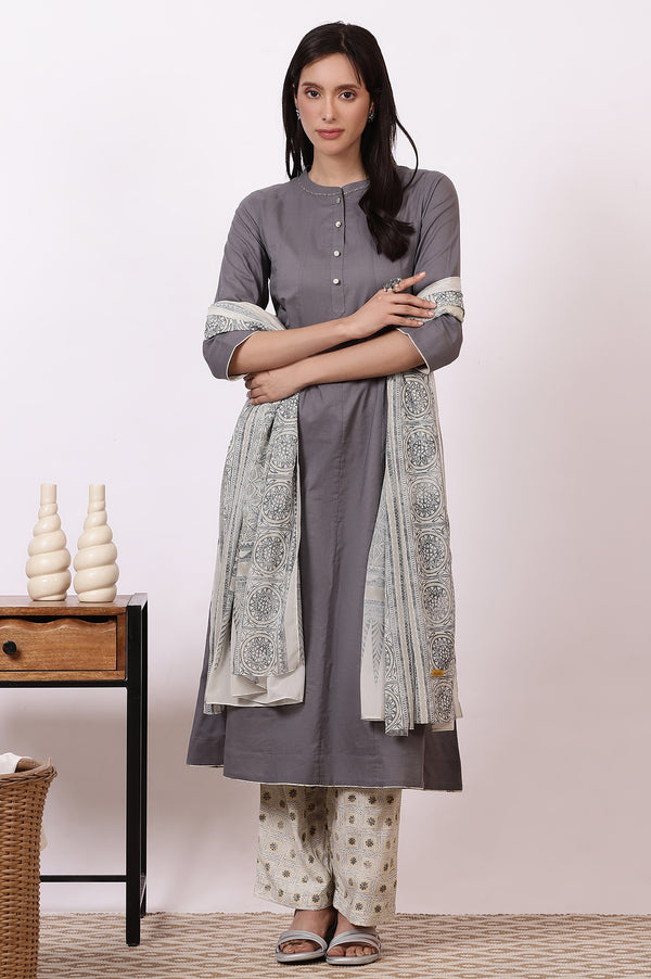 Grey Sequined Pure Cotton Anarkali Kurta, Palazzo and Dupatta Set
