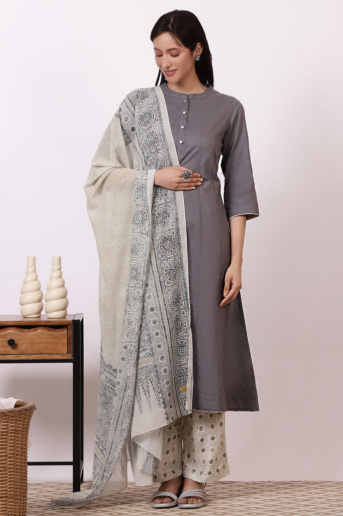 Grey Sequined Pure Cotton Anarkali Kurta, Palazzo and Dupatta Set