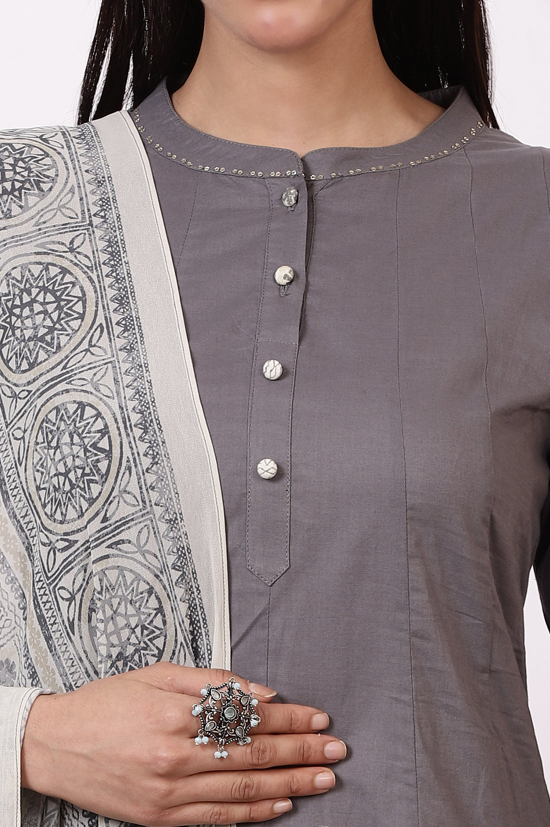 Grey Sequined Pure Cotton Anarkali Kurta, Palazzo and Dupatta Set