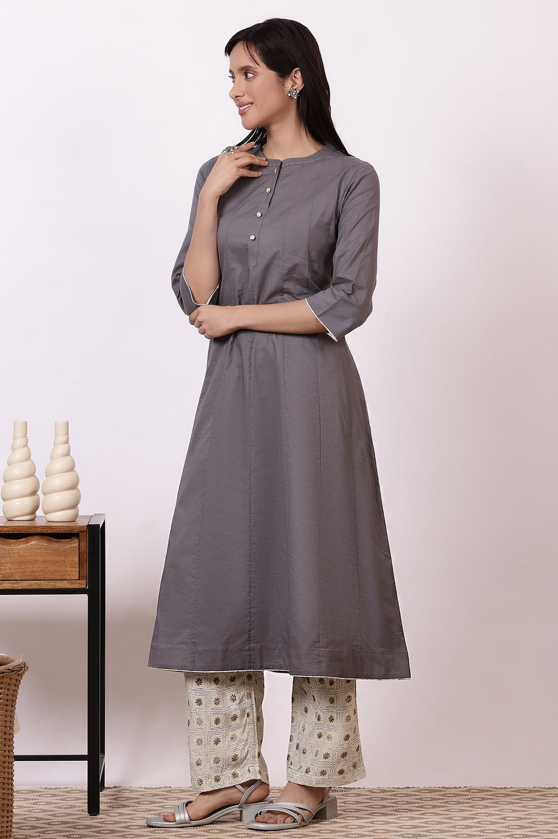 Grey Sequined Pure Cotton Anarkali Kurta, Palazzo and Dupatta Set