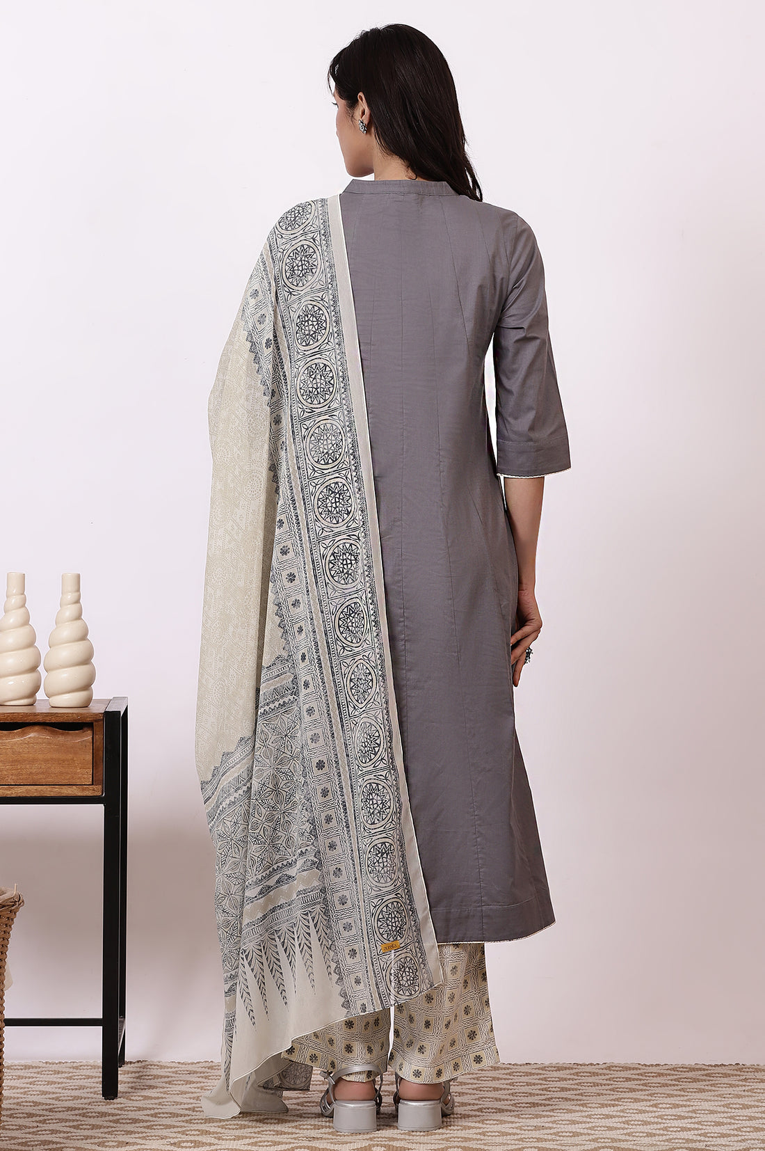 Grey Sequined Pure Cotton Anarkali Kurta, Palazzo and Dupatta Set