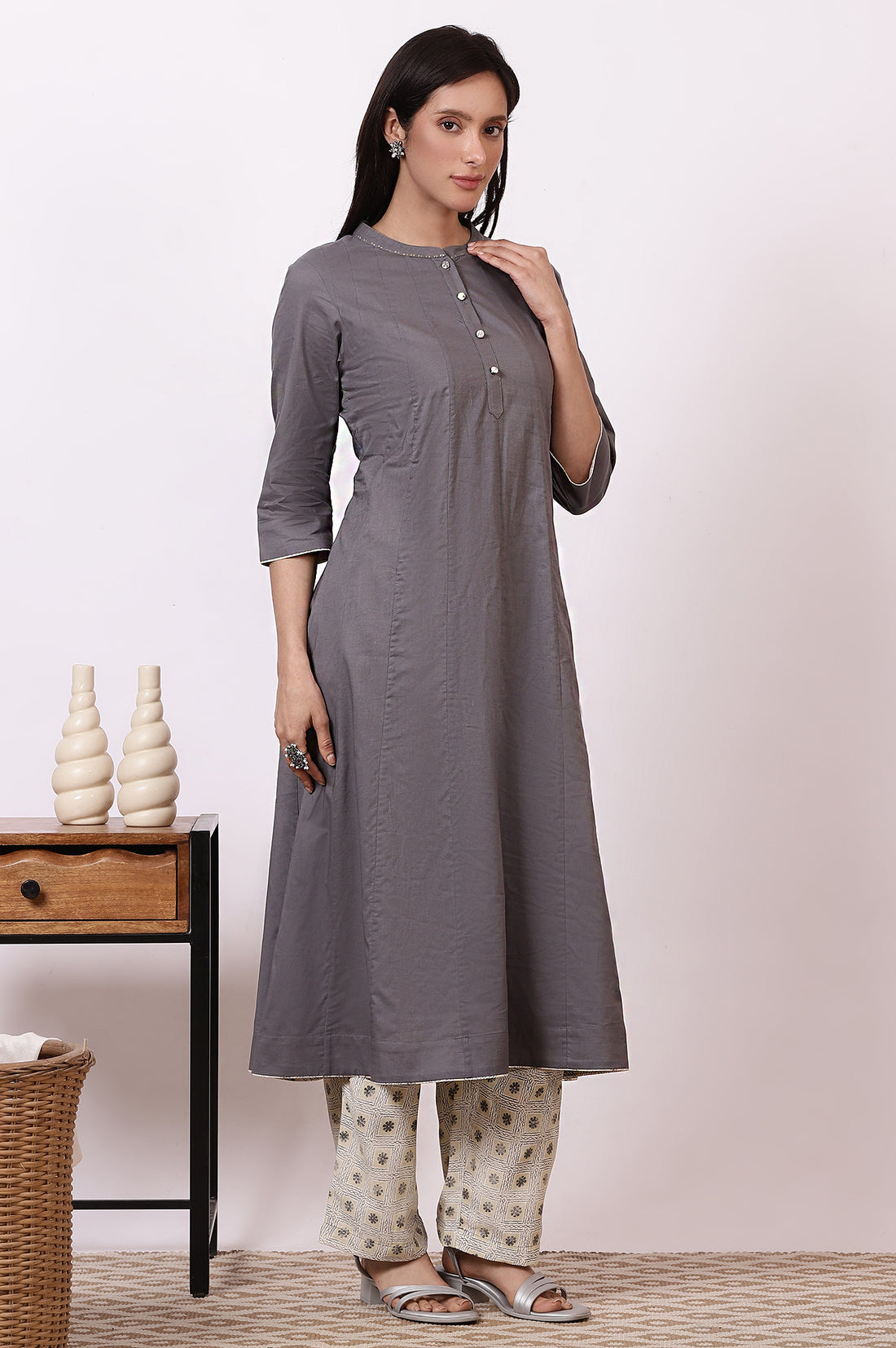 Grey Sequined Pure Cotton Anarkali Kurta, Palazzo and Dupatta Set