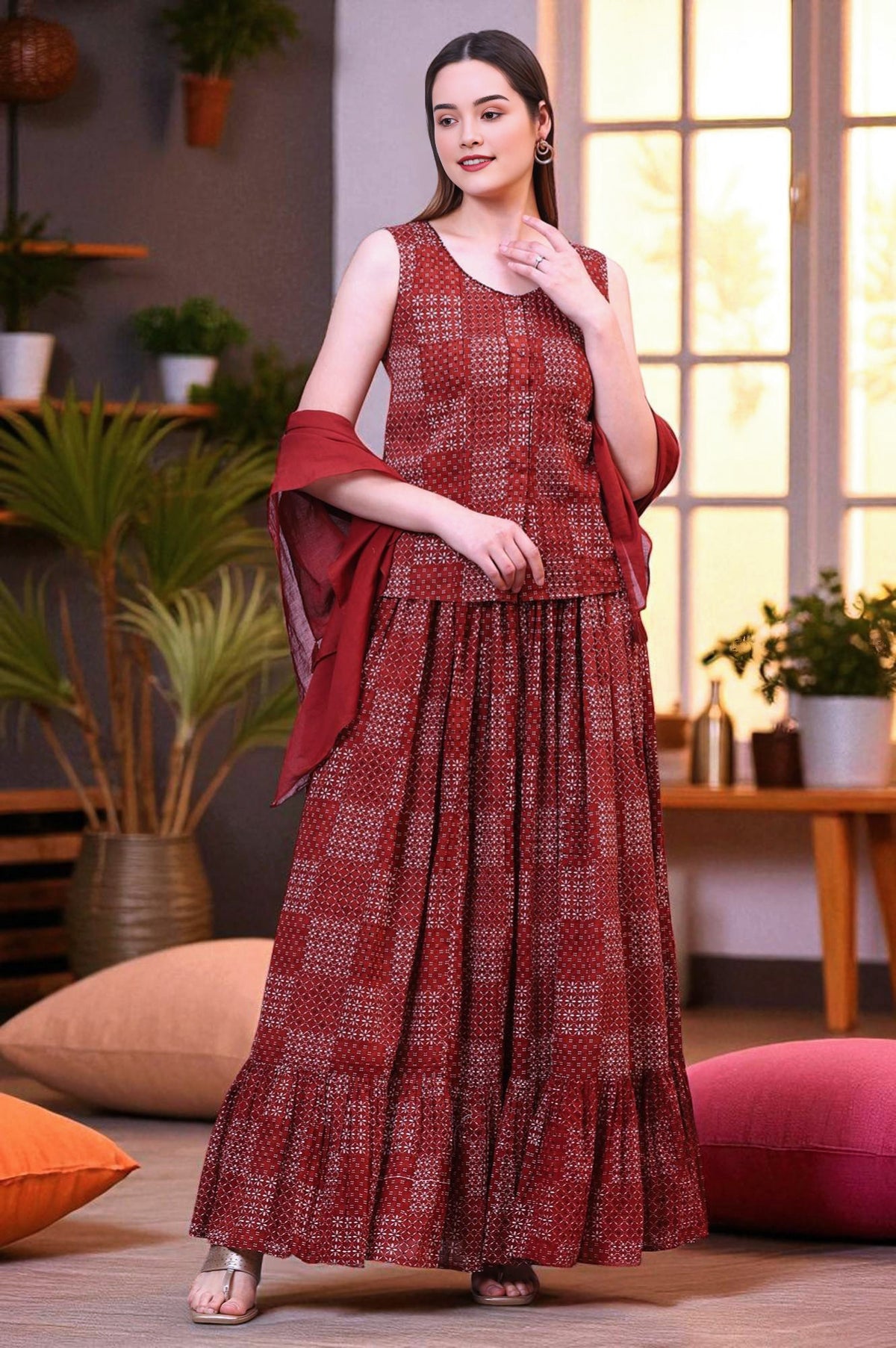 Brown Geometric Printed Pure Cotton Top, Skirt and Scarf Set - XS