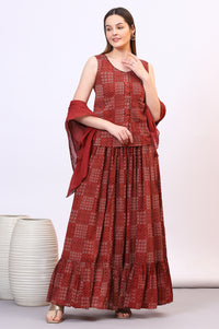 Brown Geometric Printed Pure Cotton Top, Skirt and Scarf Set