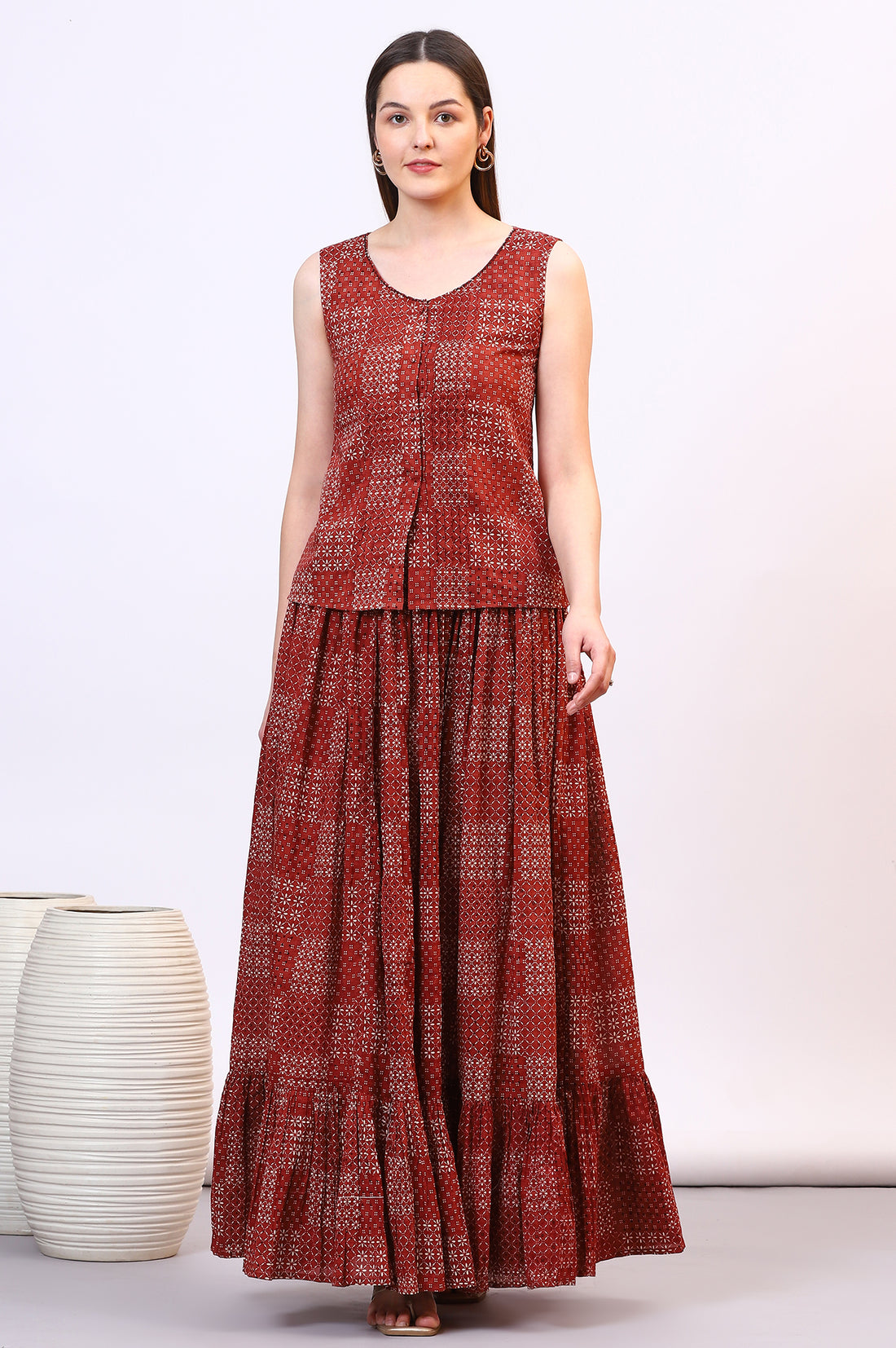 Brown Geometric Printed Pure Cotton Top, Skirt and Scarf Set