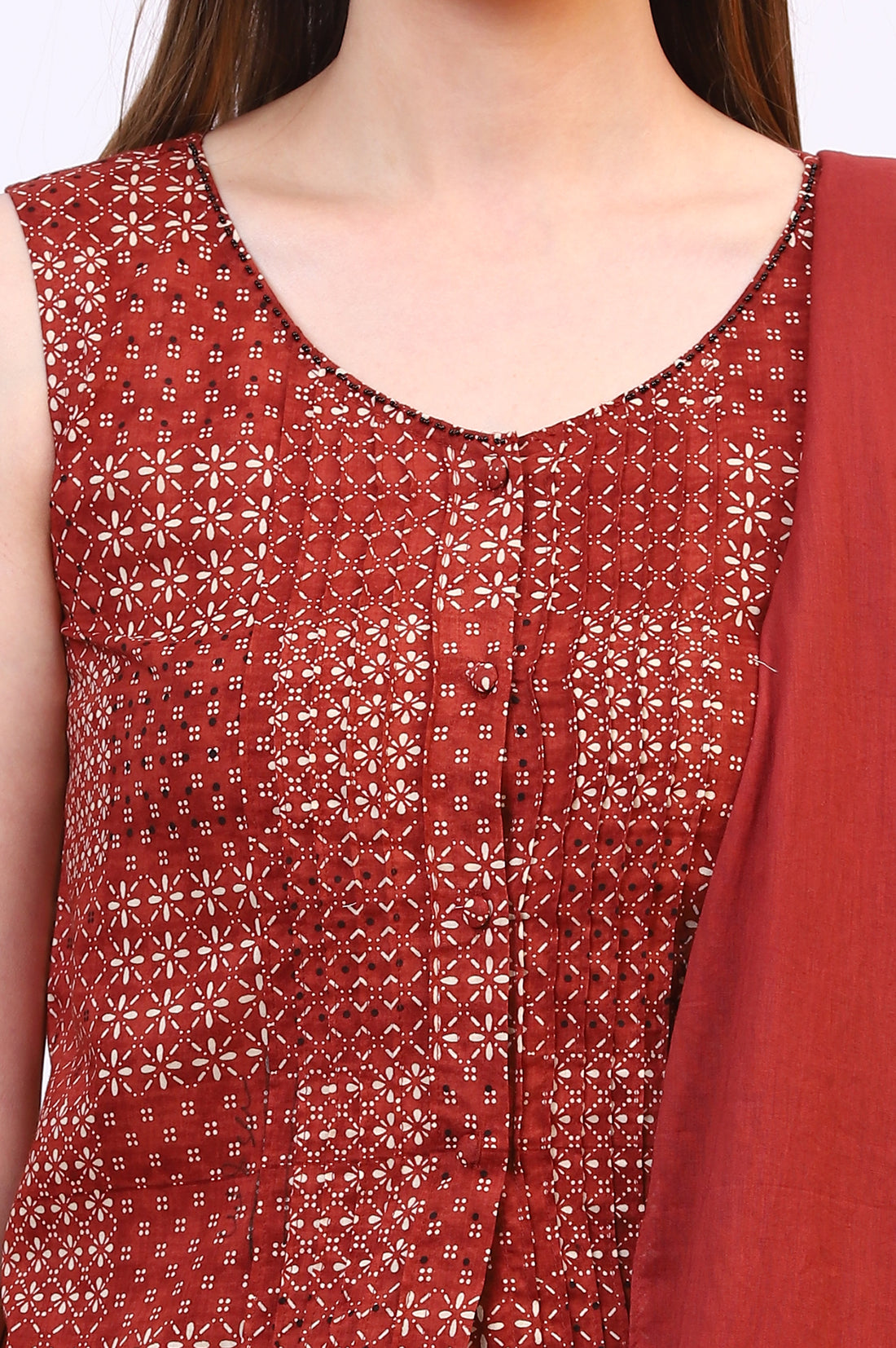 Brown Geometric Printed Pure Cotton Top, Skirt and Scarf Set