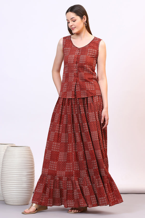 Brown Geometric Printed Pure Cotton Top, Skirt and Scarf Set