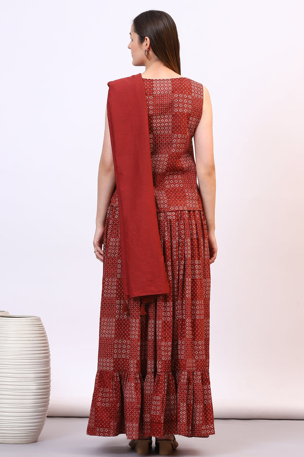 Brown Geometric Printed Pure Cotton Top, Skirt and Scarf Set