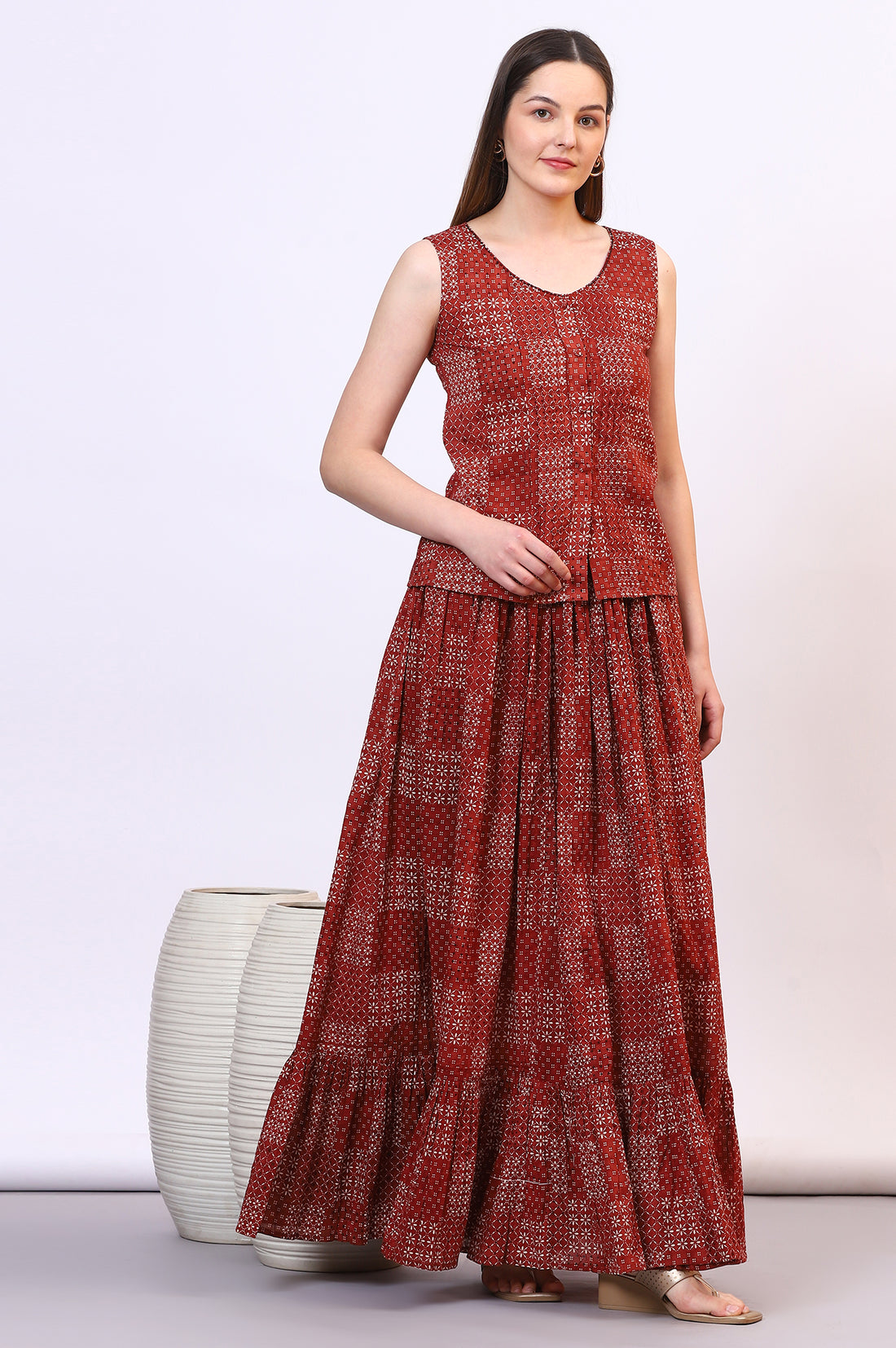 Brown Geometric Printed Pure Cotton Top, Skirt and Scarf Set