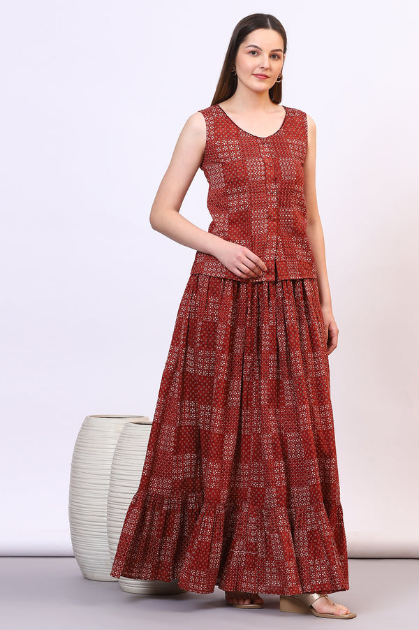 Brown Geometric Printed Pure Cotton Top, Skirt and Scarf Set