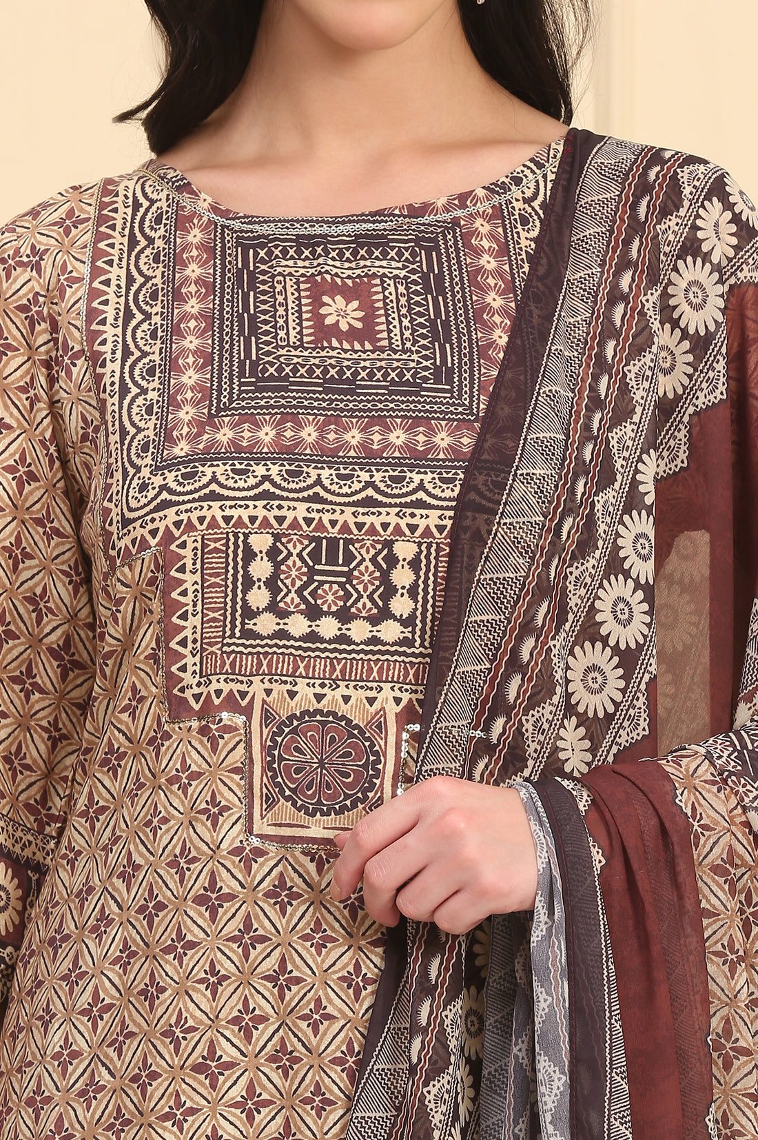 Brown Geometric Printed Sequins Straight Modal Kurta, Palazzos and Dupatta Set