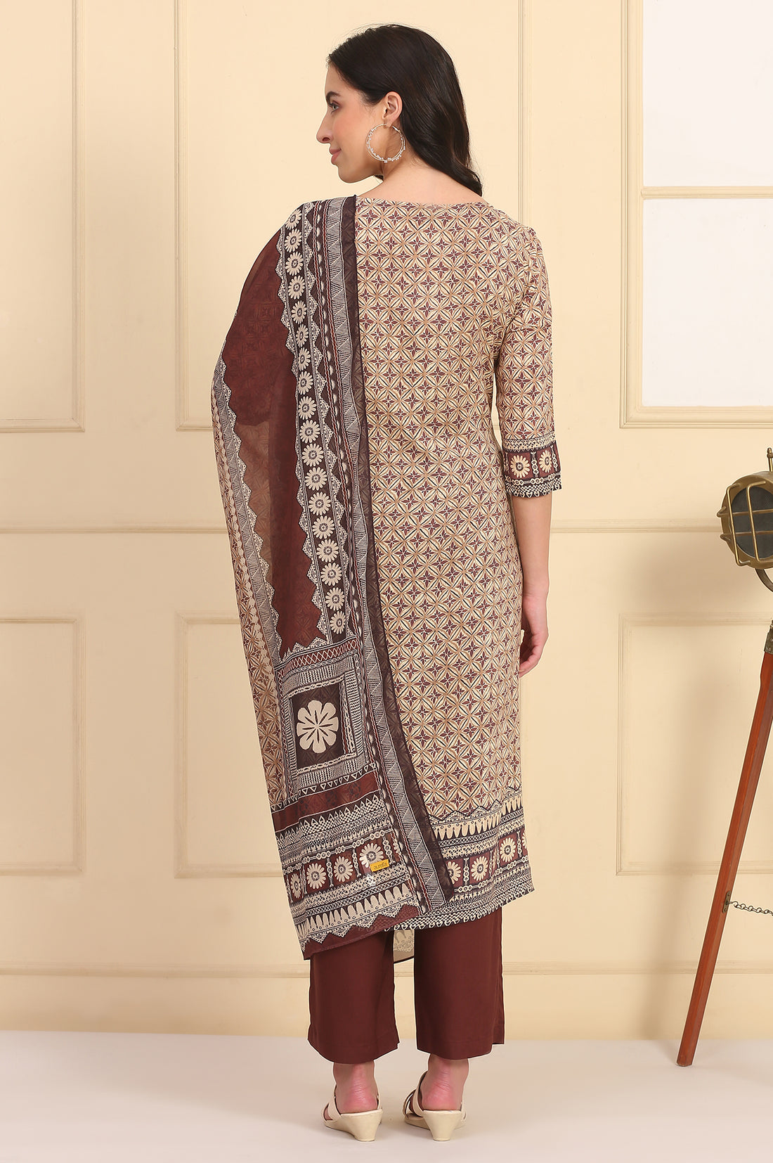 Brown Geometric Printed Sequins Straight Modal Kurta, Palazzos and Dupatta Set